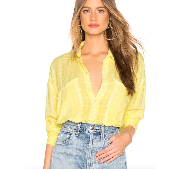 Free People Top Womens Medium Yellow Loveland Button Down Raw Hem Cotton - Picture 3 of 12
